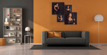 Modern living room with gray sofa and bookcase