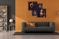 Modern living room with gray sofa and bookcase