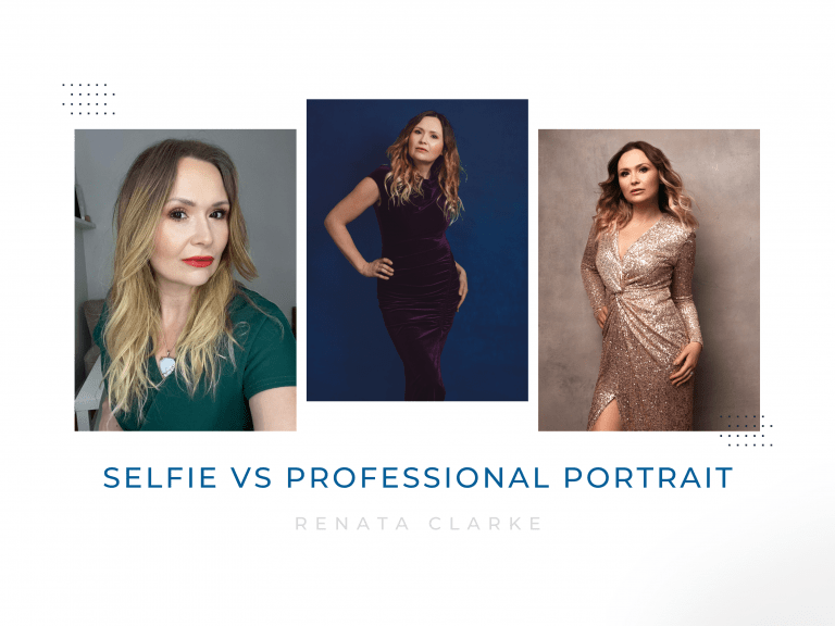 Collage showing Renata Clarke with one casual selfie compared to two professional portraits, demonstrating the difference between selfies and empowering professional branding photography in Ayrshire, Glasgow, and Scotland.