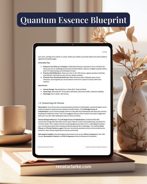 iPad mockup with example quantum essence blueprint report page